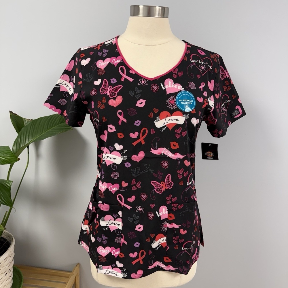 NWT Dickies Scrub Top S Breast Cancer Awareness Butterfly Hearts On Black Scrubs
